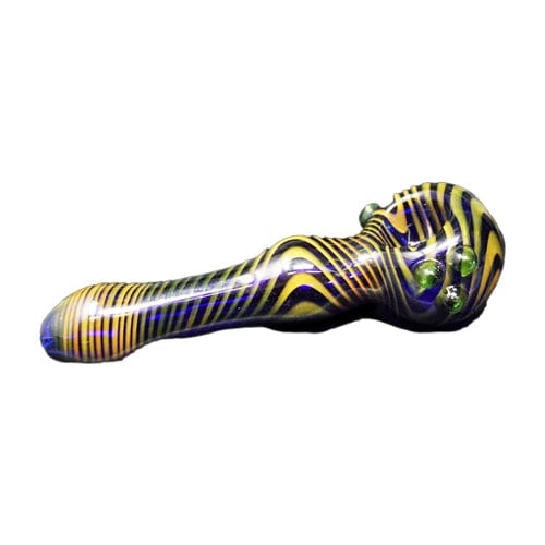 Himalayan Creation Alternatives Blue & Yellow Handmade Glass Hand Pipe w/ Wig Wag Accents